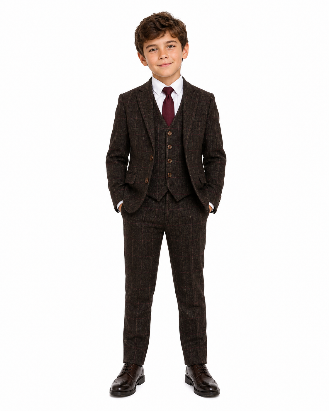 Boys’ Dark Brown Herringbone Tweed with Overcheck Three-Piece Suit - Image 2