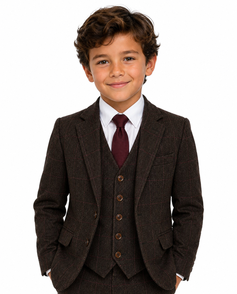 Boys’ Dark Brown Herringbone Tweed with Overcheck Three-Piece Suit