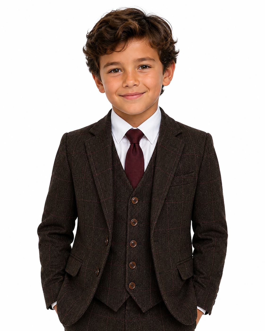 Boys’ Dark Brown Herringbone Tweed with Overcheck Three-Piece Suit