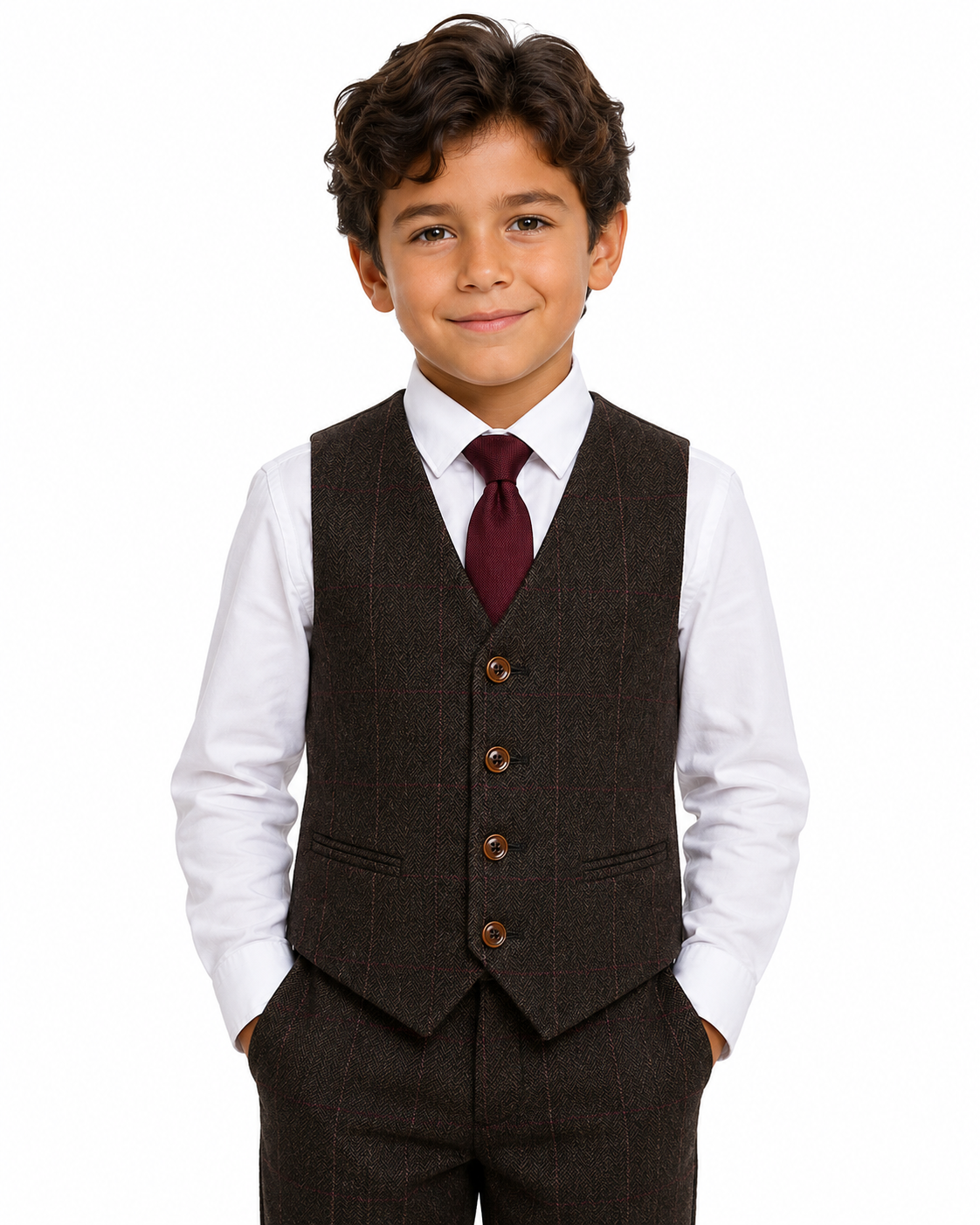Boys’ Dark Brown Herringbone Tweed with Overcheck Three-Piece Suit - Image 4