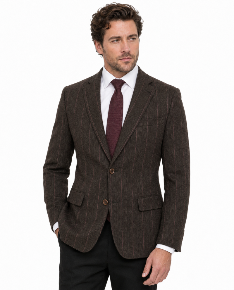 Men’s Dark Brown Herringbone Tweed with Overcheck Single-Breasted Jacket