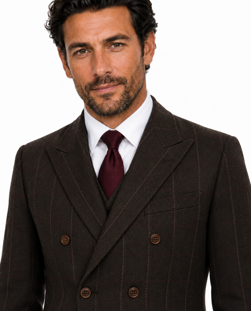 Men’s Dark Brown Herringbone Tweed with Overcheck Double-Breasted Three-Piece Suit