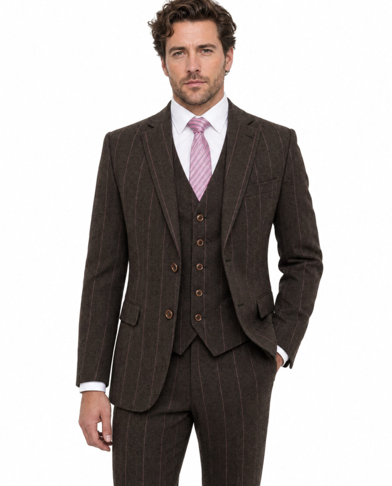 Men’s Made-to-Measure Dark Brown Herringbone Tweed with Overcheck Three-Piece Suit