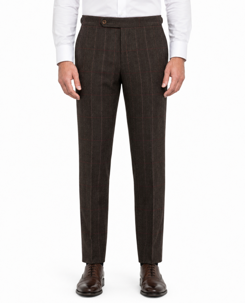 Men’s Dark Brown Herringbone Tweed with Overcheck Trousers