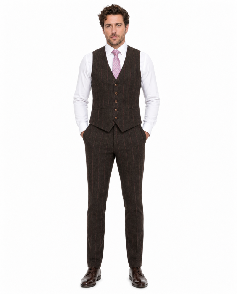Men’s Dark Brown Herringbone Tweed with Overcheck Waistcoat