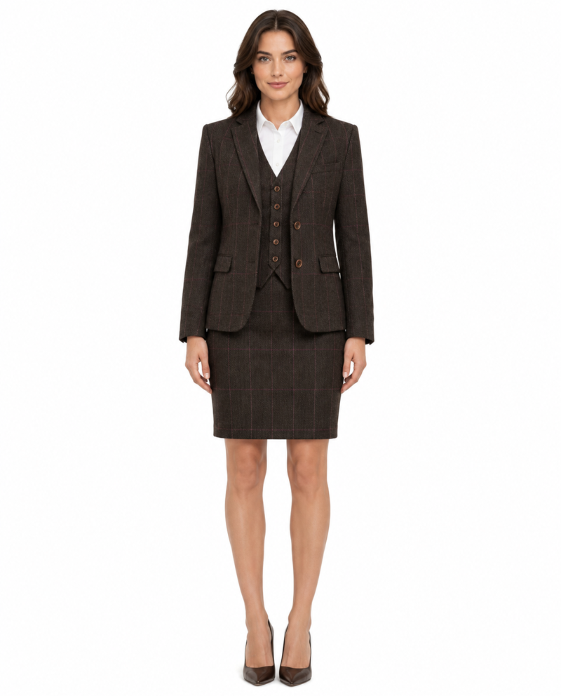 Women’s Dark Brown Herringbone Tweed with Overcheck Single-Breasted Skirt Suit