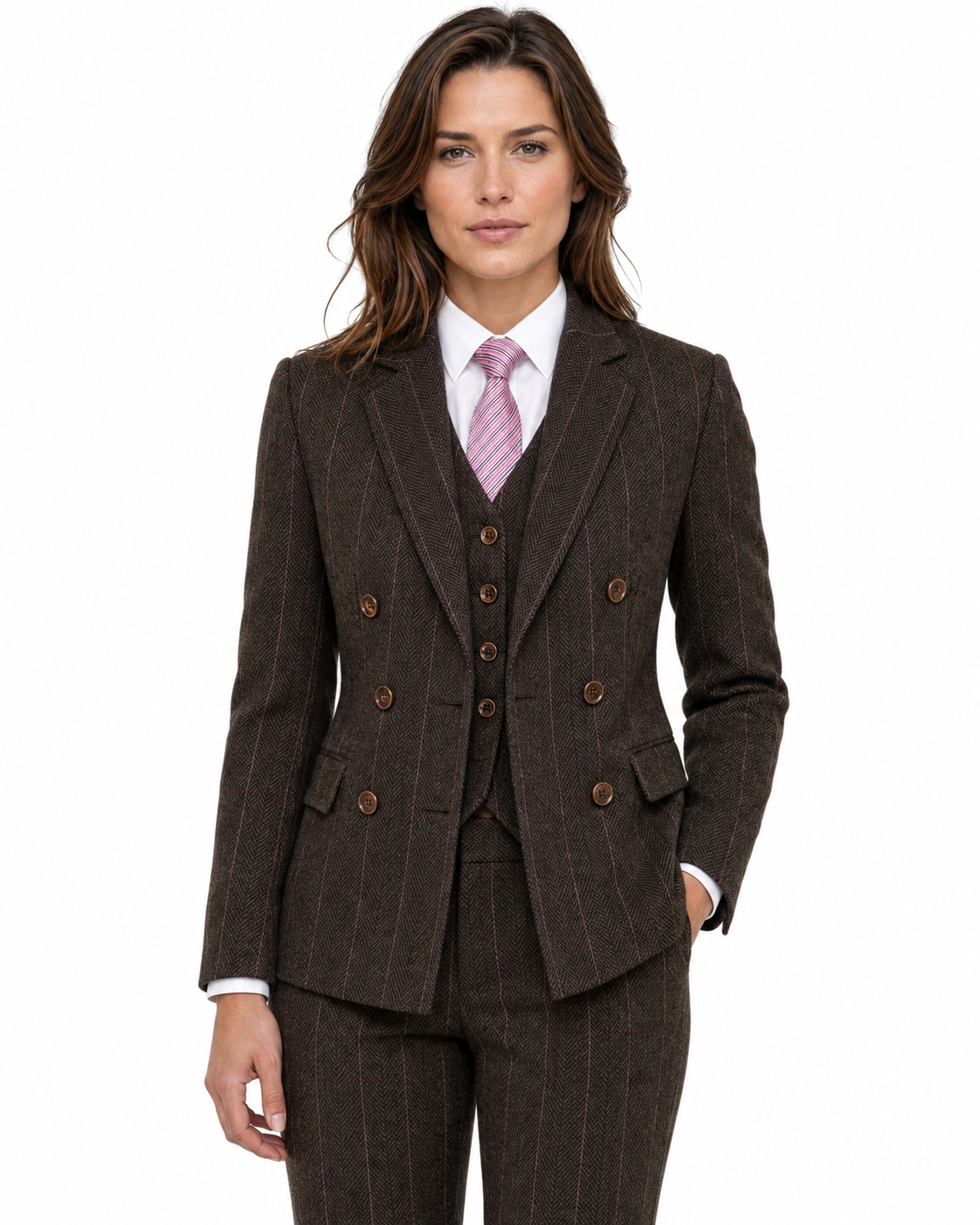 Women’s Dark Brown Herringbone Tweed with Overcheck Trousers - Image 5