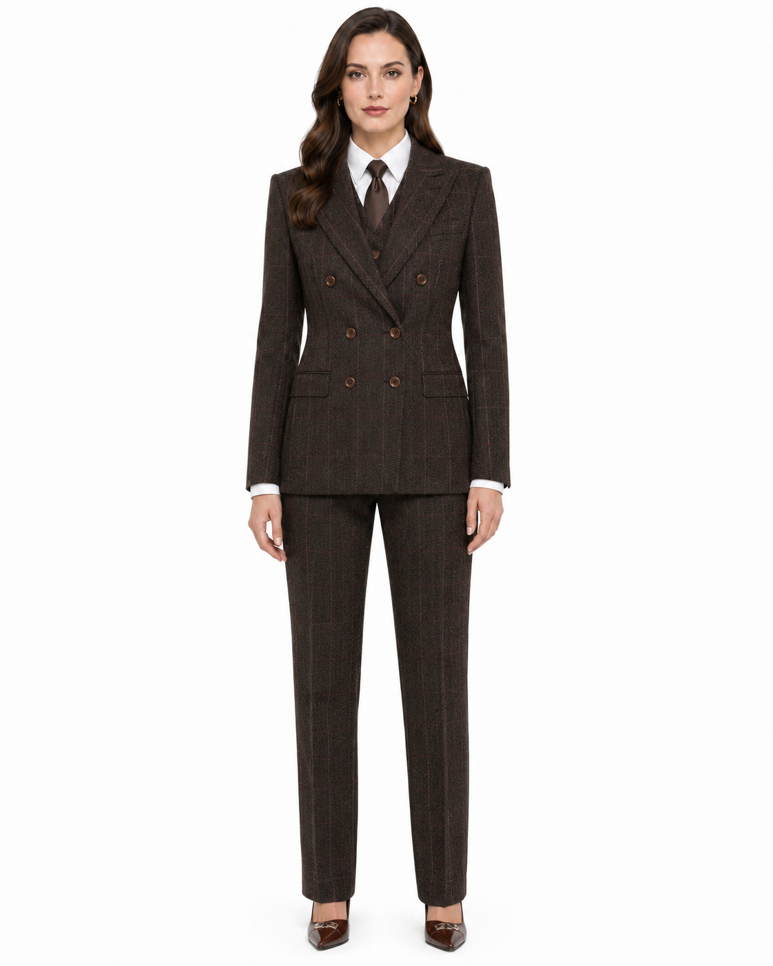 Women’s Dark Brown Herringbone Tweed with Overcheck Trousers - Image 6