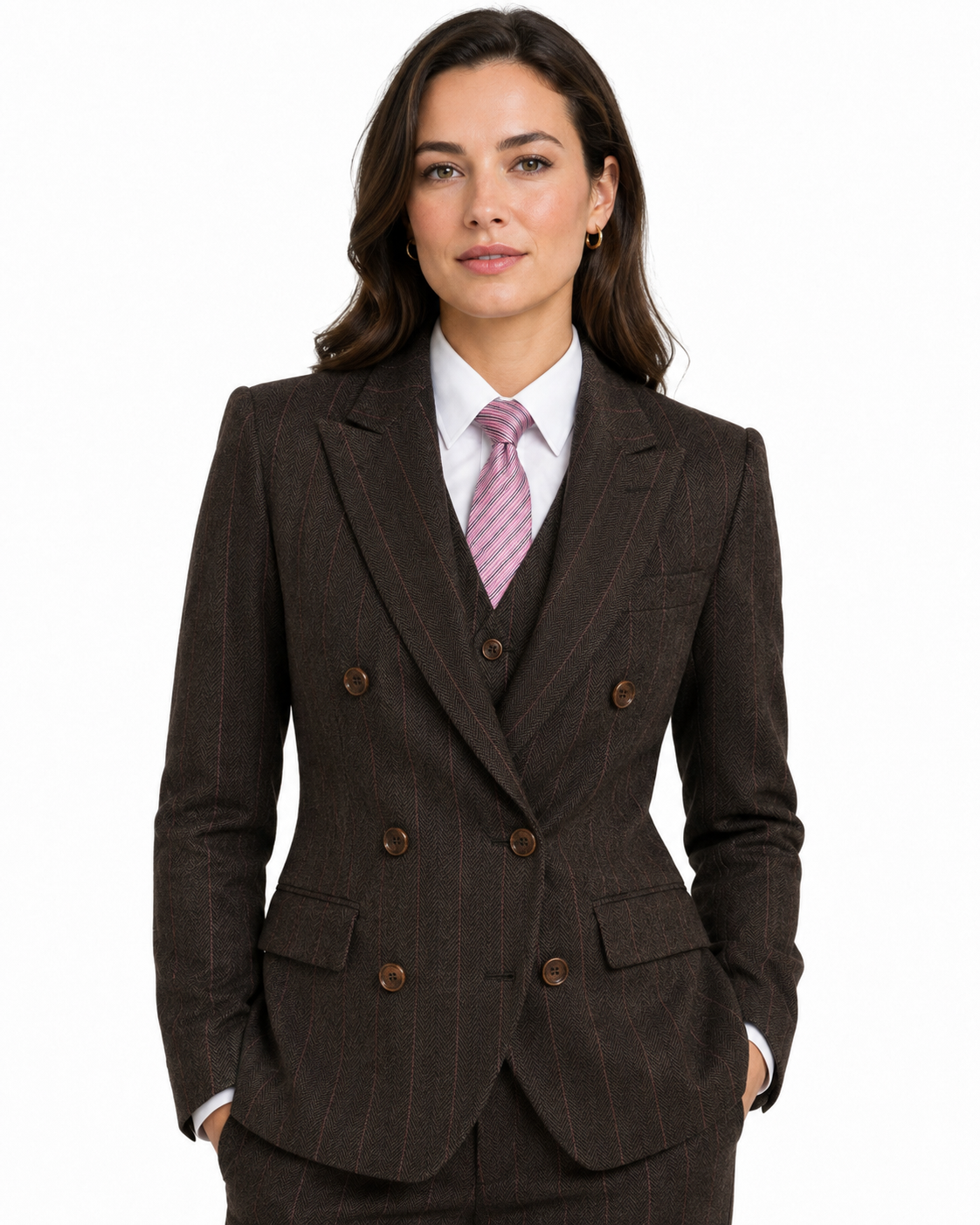 Women’s Dark Brown Herringbone Tweed with Overcheck Trousers - Image 7