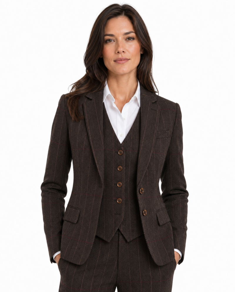 Women’s Made-to-Measure Dark Brown Herringbone Tweed with Overcheck Three-Piece Suit