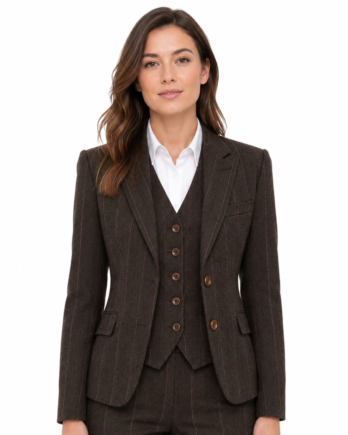 Women’s Dark Brown Herringbone Tweed with Overcheck Trousers - Image 4