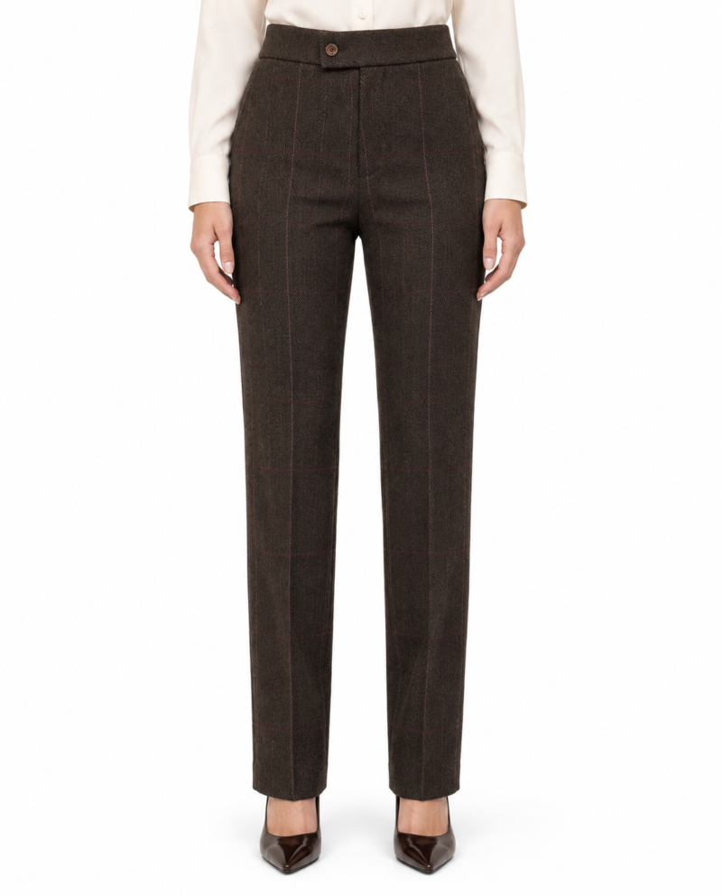 Women’s Dark Brown Herringbone Tweed with Overcheck Trousers