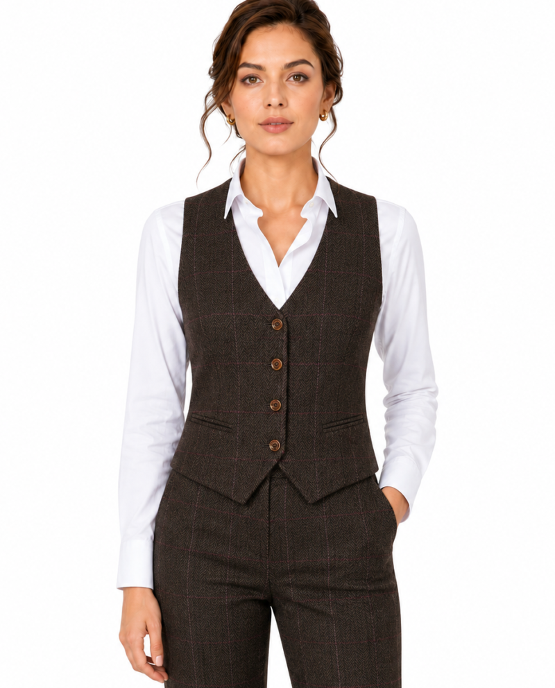 Women’s Dark Brown Herringbone Tweed with Overcheck Waistcoat