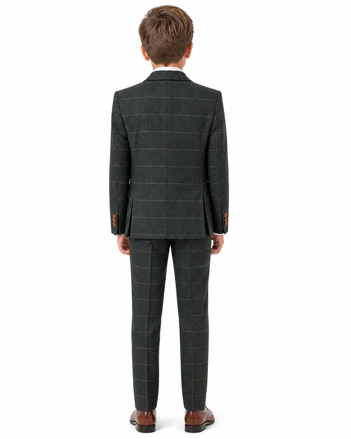 Boys’ Dark Green Herringbone Tweed with Overcheck Jacket - Image 3