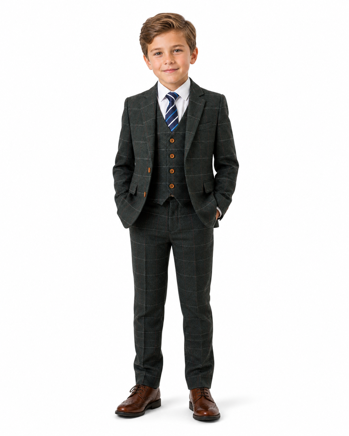 Boys’ Dark Green Herringbone Tweed with Overcheck Jacket - Image 2