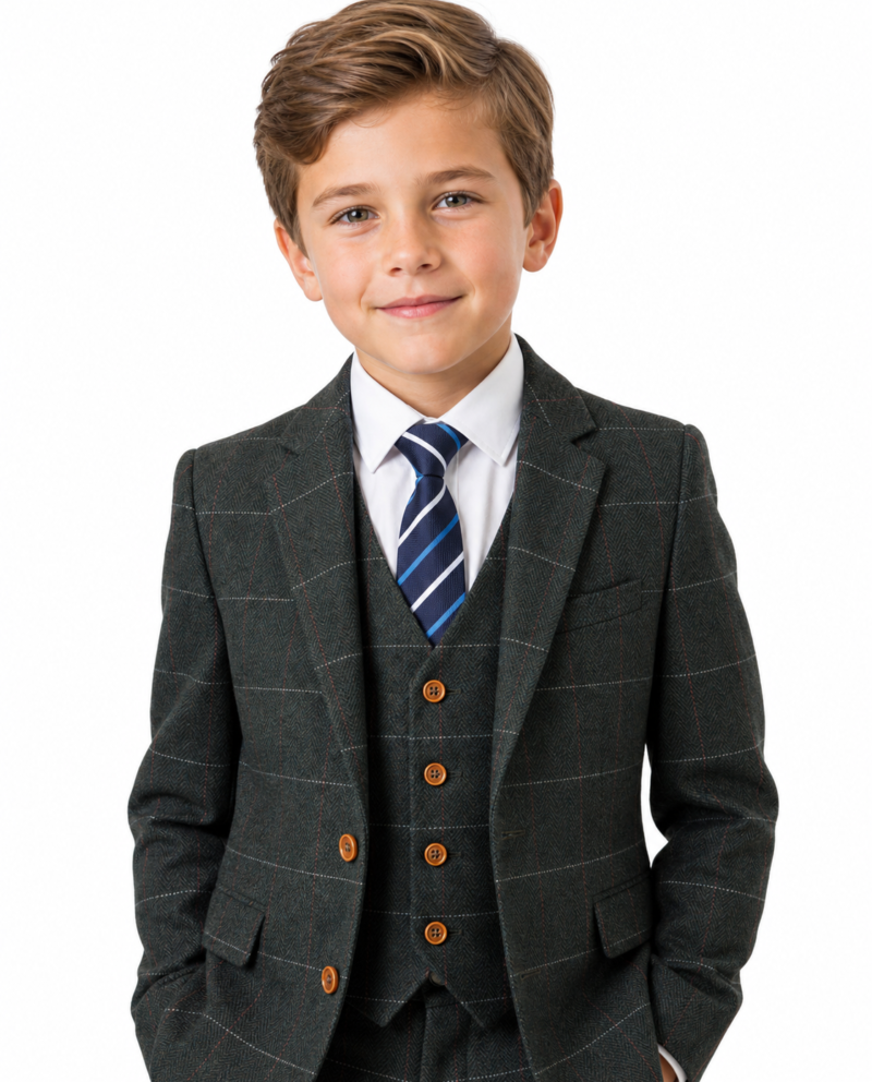Boys’ Dark Green Herringbone Tweed with Overcheck Jacket