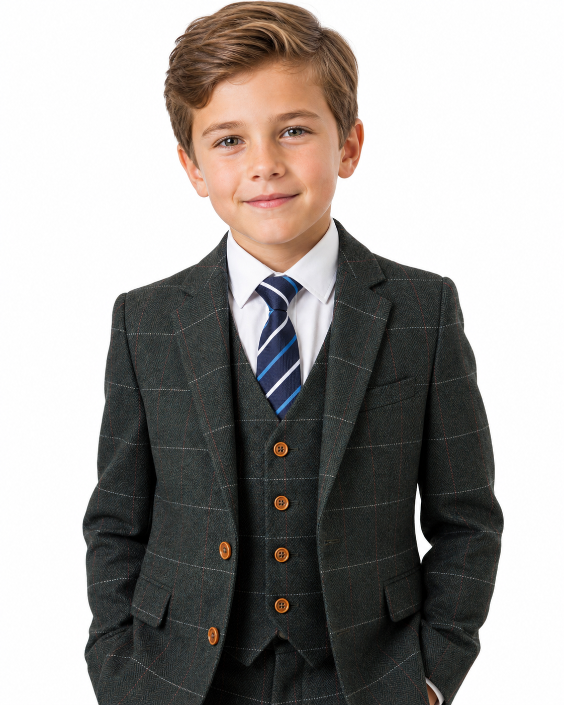 Boys’ Dark Green Herringbone Tweed with Overcheck Jacket