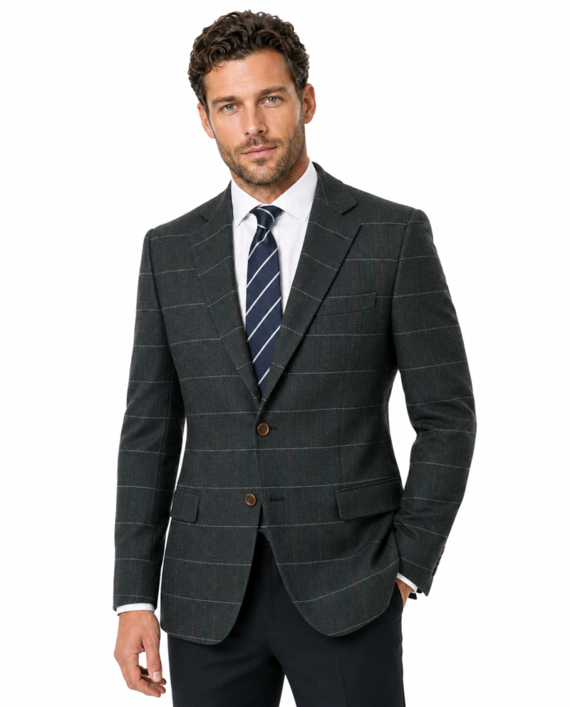 Men’s Dark Green Herringbone Tweed with Overcheck Single-Breasted Jacket