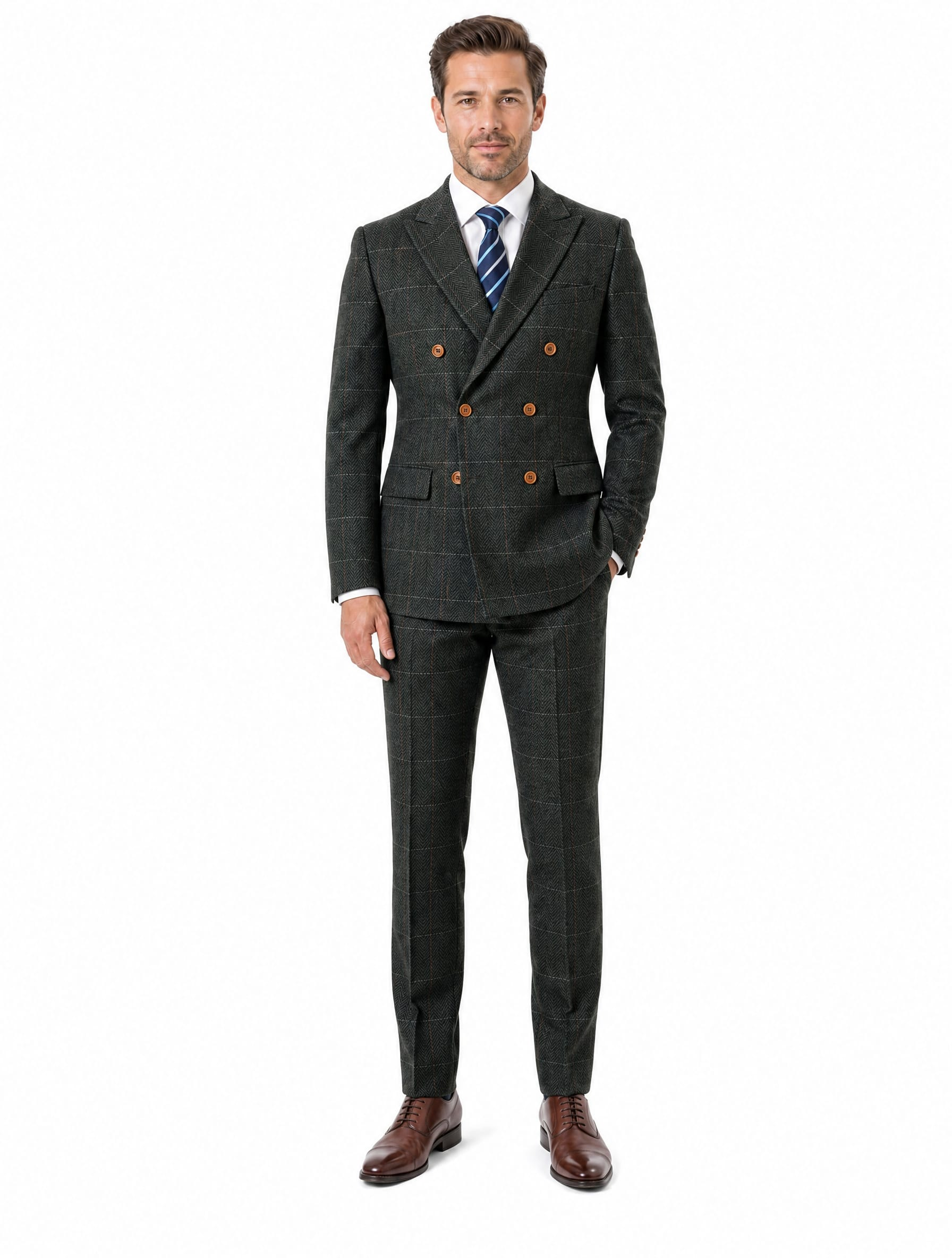 Men’s Dark Green Herringbone Tweed with Overcheck Trousers - Image 5
