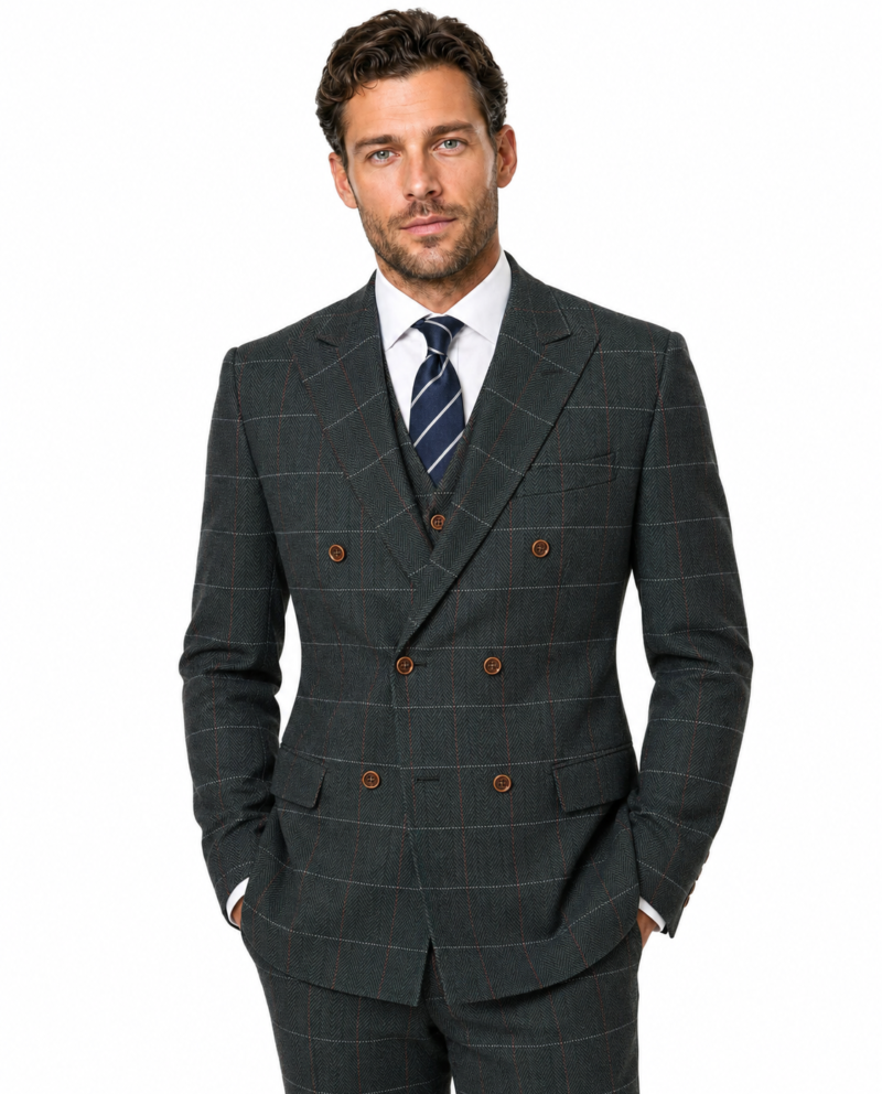 Men’s Dark Green Herringbone Tweed with Overcheck Double-Breasted Jacket