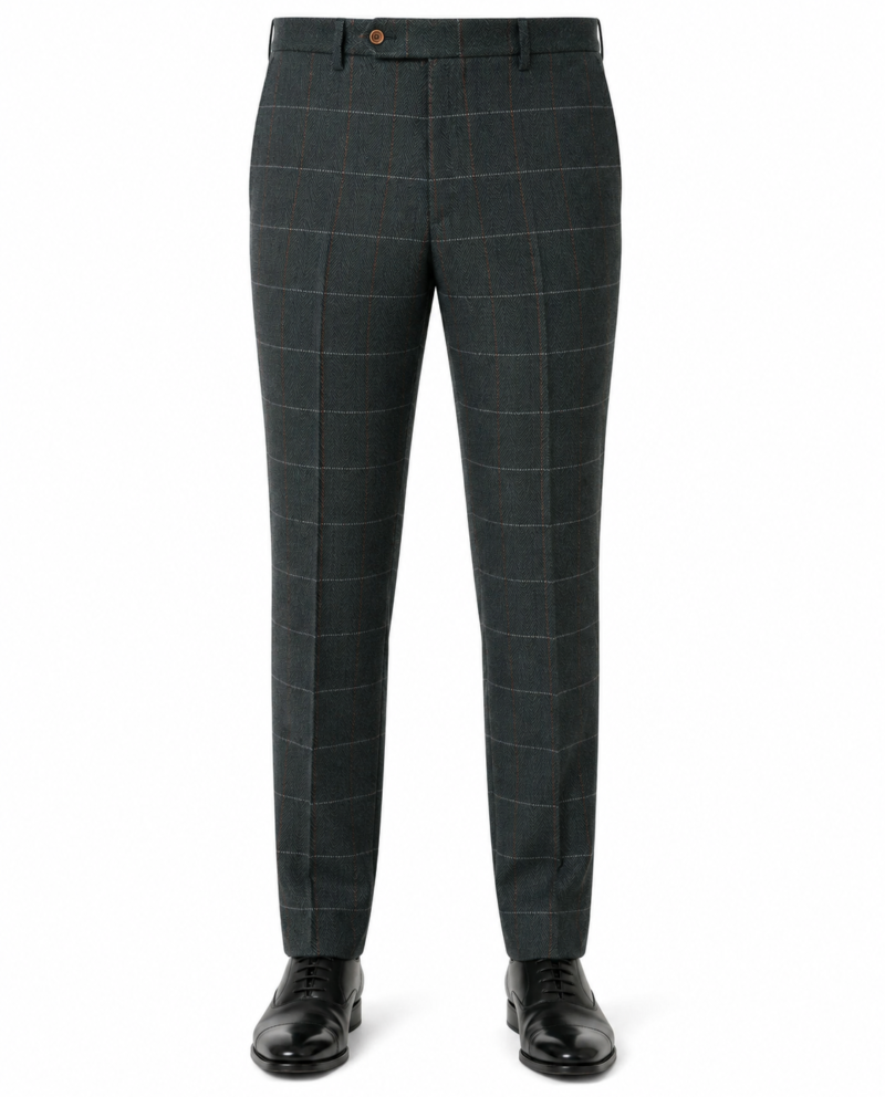 Men’s Dark Green Herringbone Tweed with Overcheck Trousers