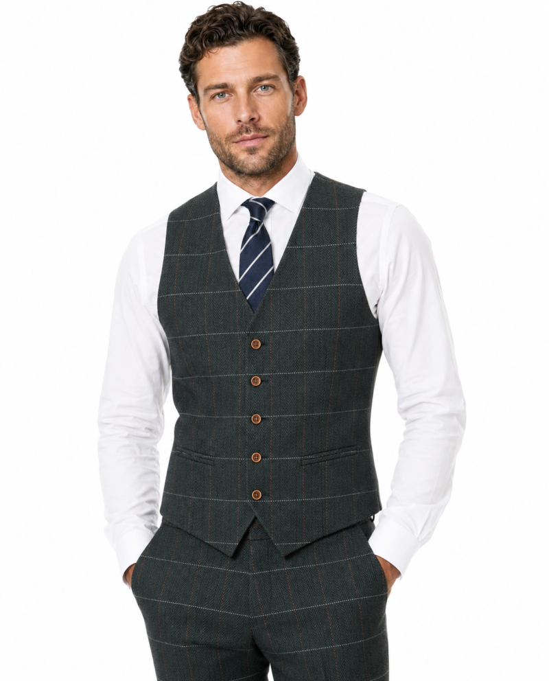 Men’s Dark Green Herringbone Tweed with Overcheck Waistcoat