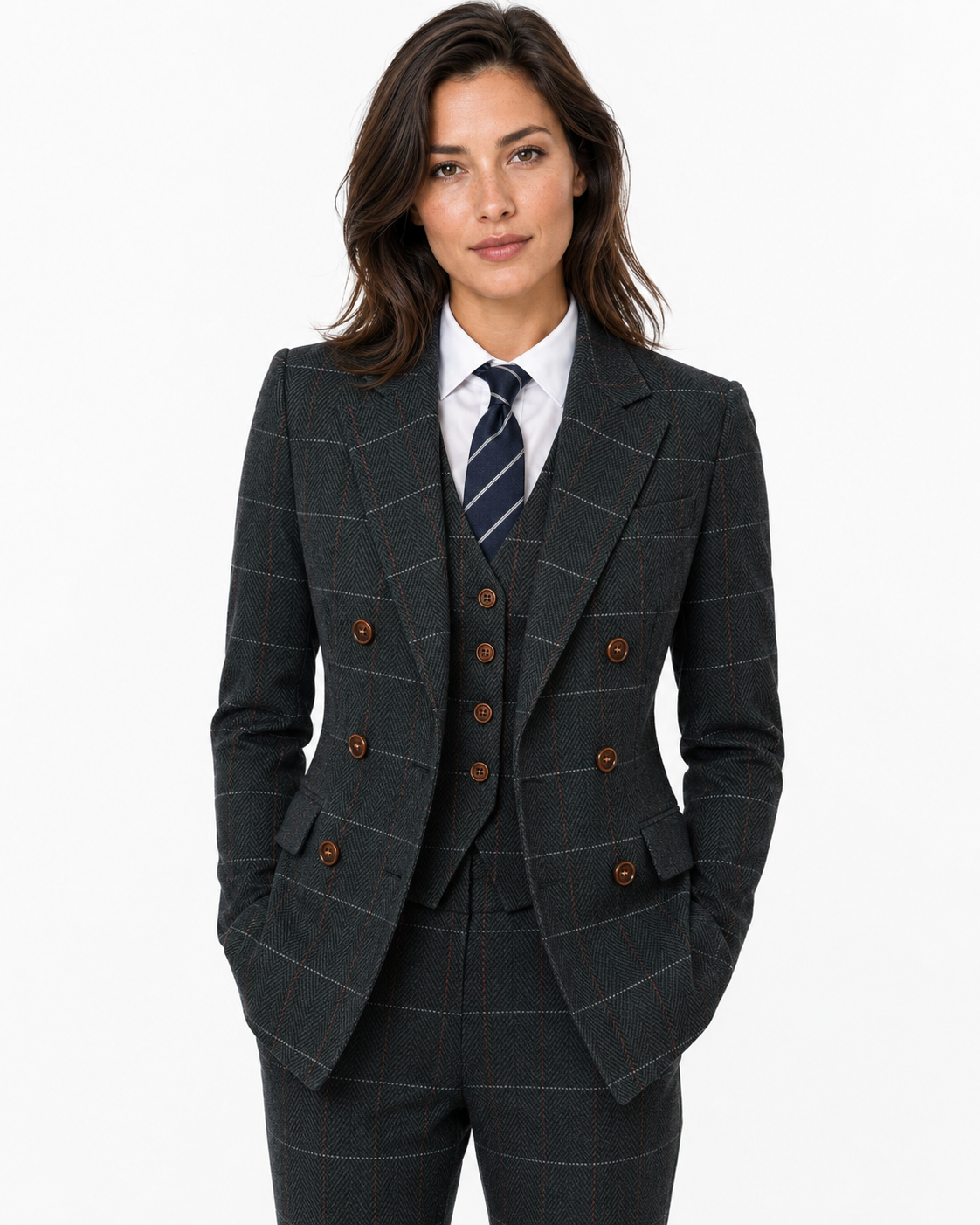 Women’s Dark Green Herringbone Tweed with Overcheck Trousers - Image 6