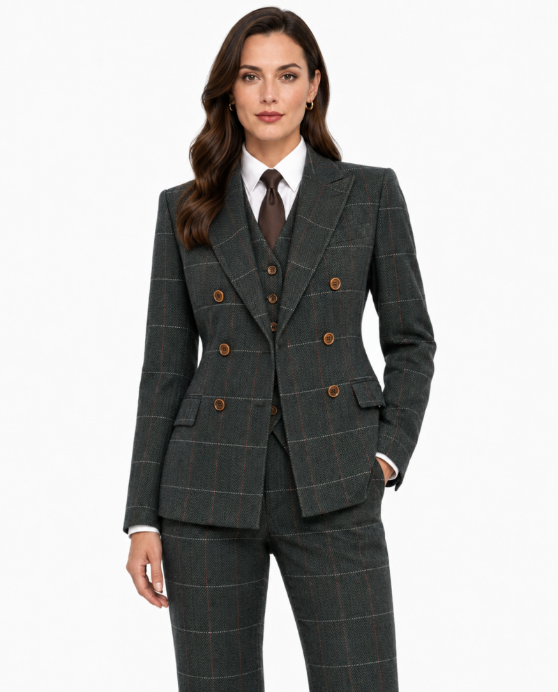 Women’s Dark Green Herringbone Tweed with Overcheck Double-Breasted Trouser Suit