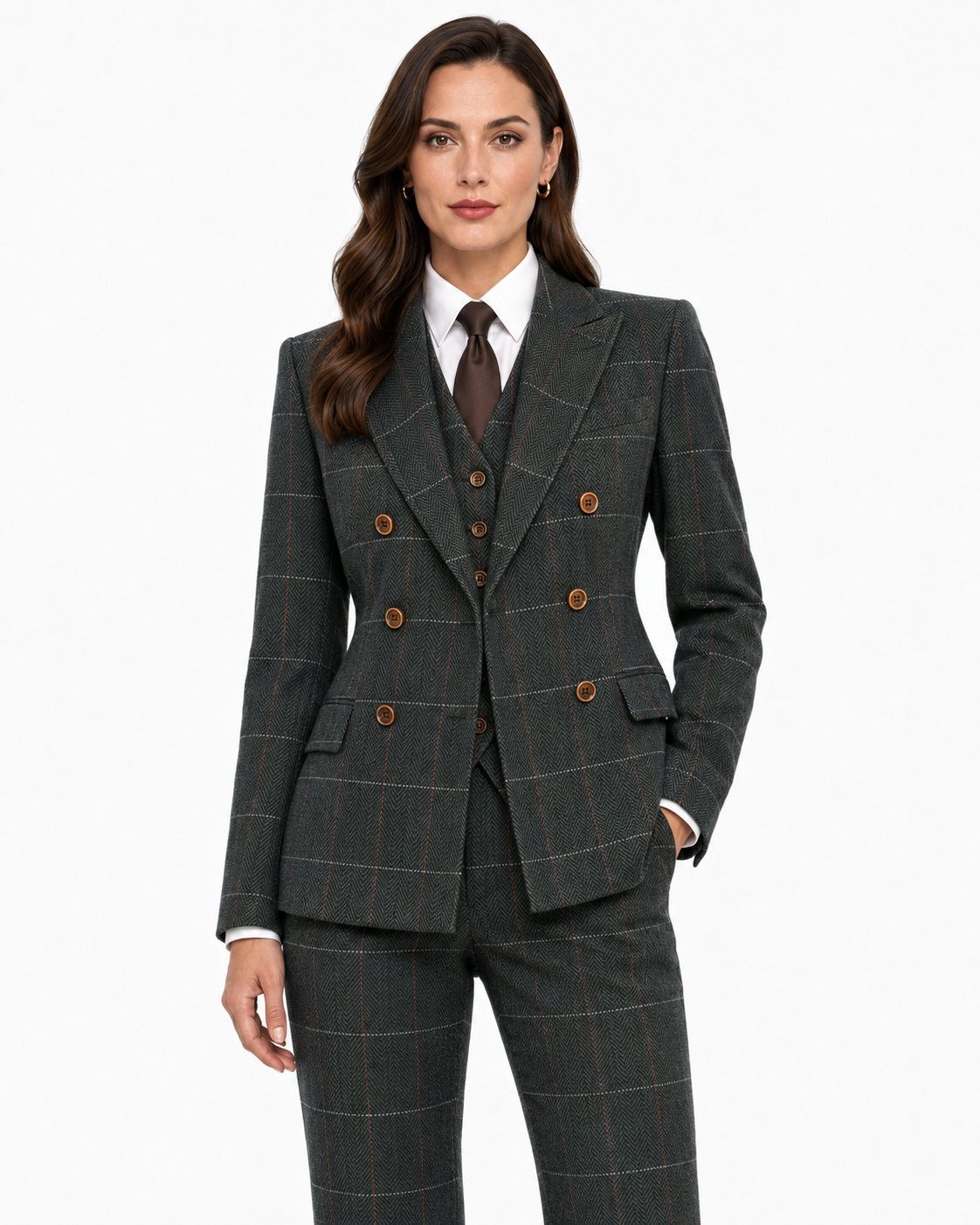 Women’s Dark Green Herringbone Tweed with Overcheck Trousers - Image 8