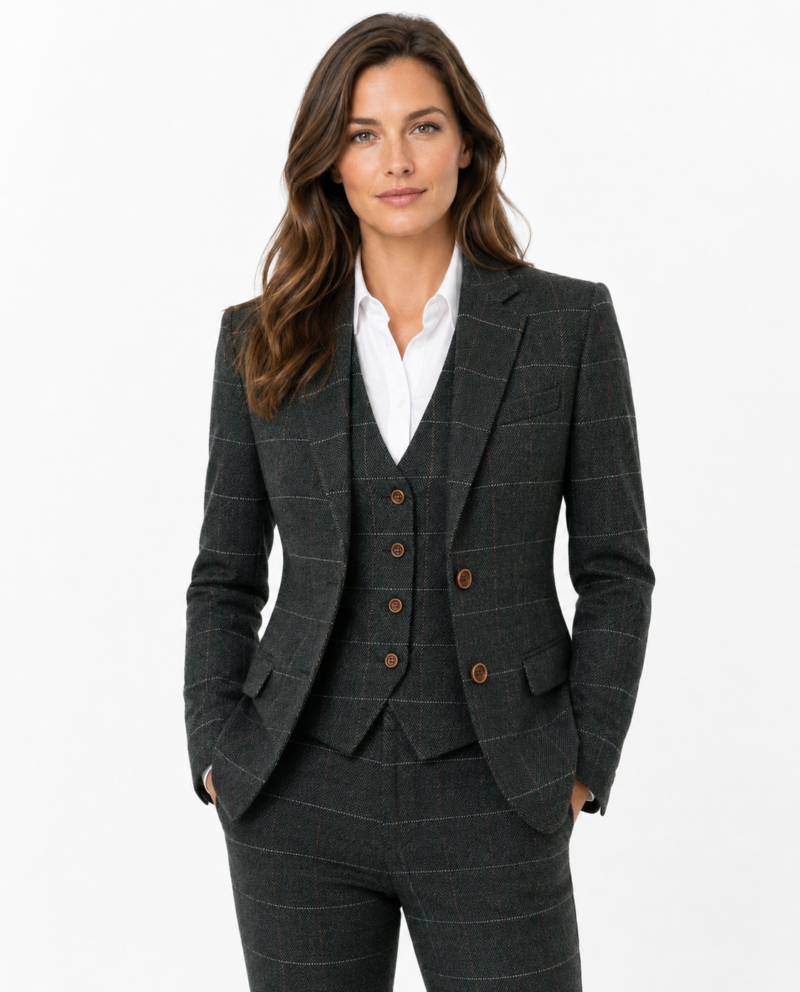 Women’s Made-to-Measure Dark Green Herringbone Tweed with Overcheck Three-Piece Suit