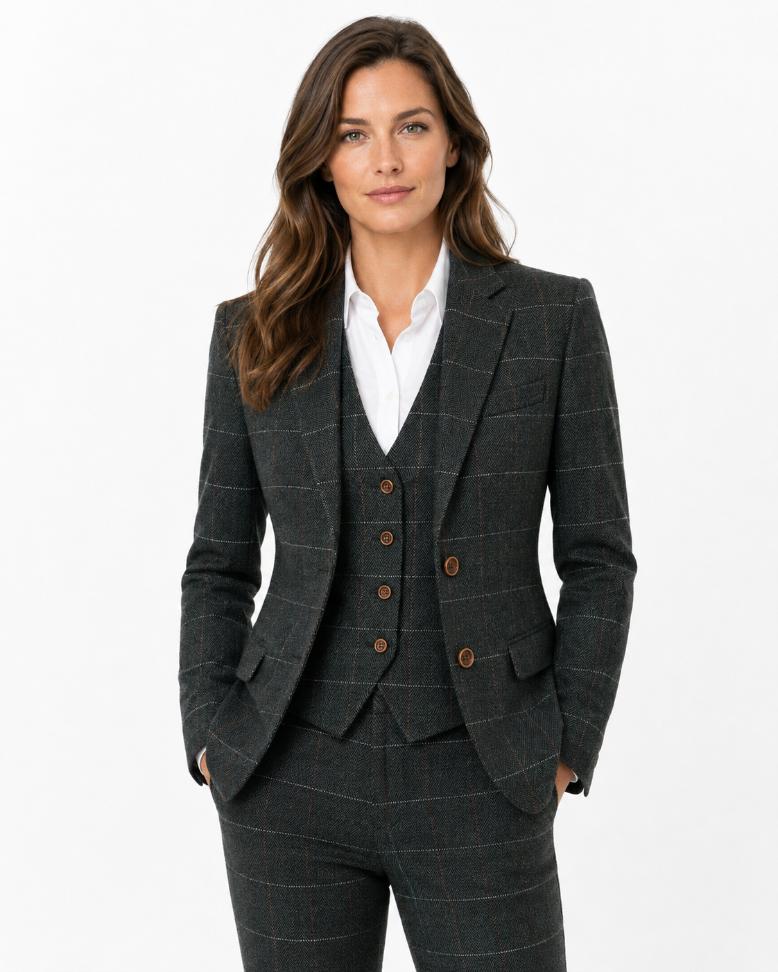 Women’s Dark Green Herringbone Tweed with Overcheck Waistcoat - Image 3