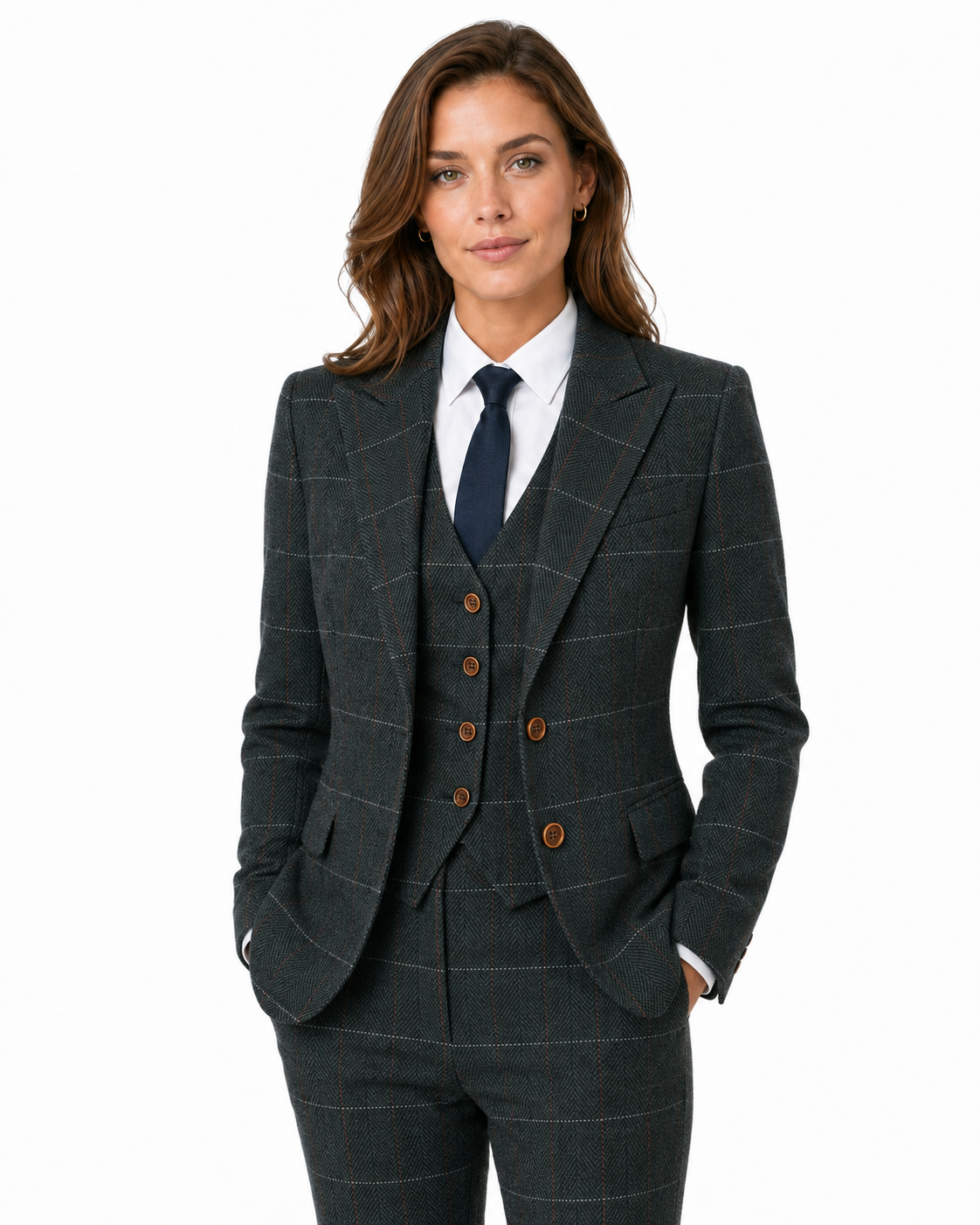 Women’s Dark Green Herringbone Tweed with Overcheck Trousers - Image 5