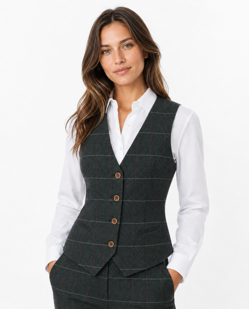 Women’s Dark Green Herringbone Tweed with Overcheck Waistcoat