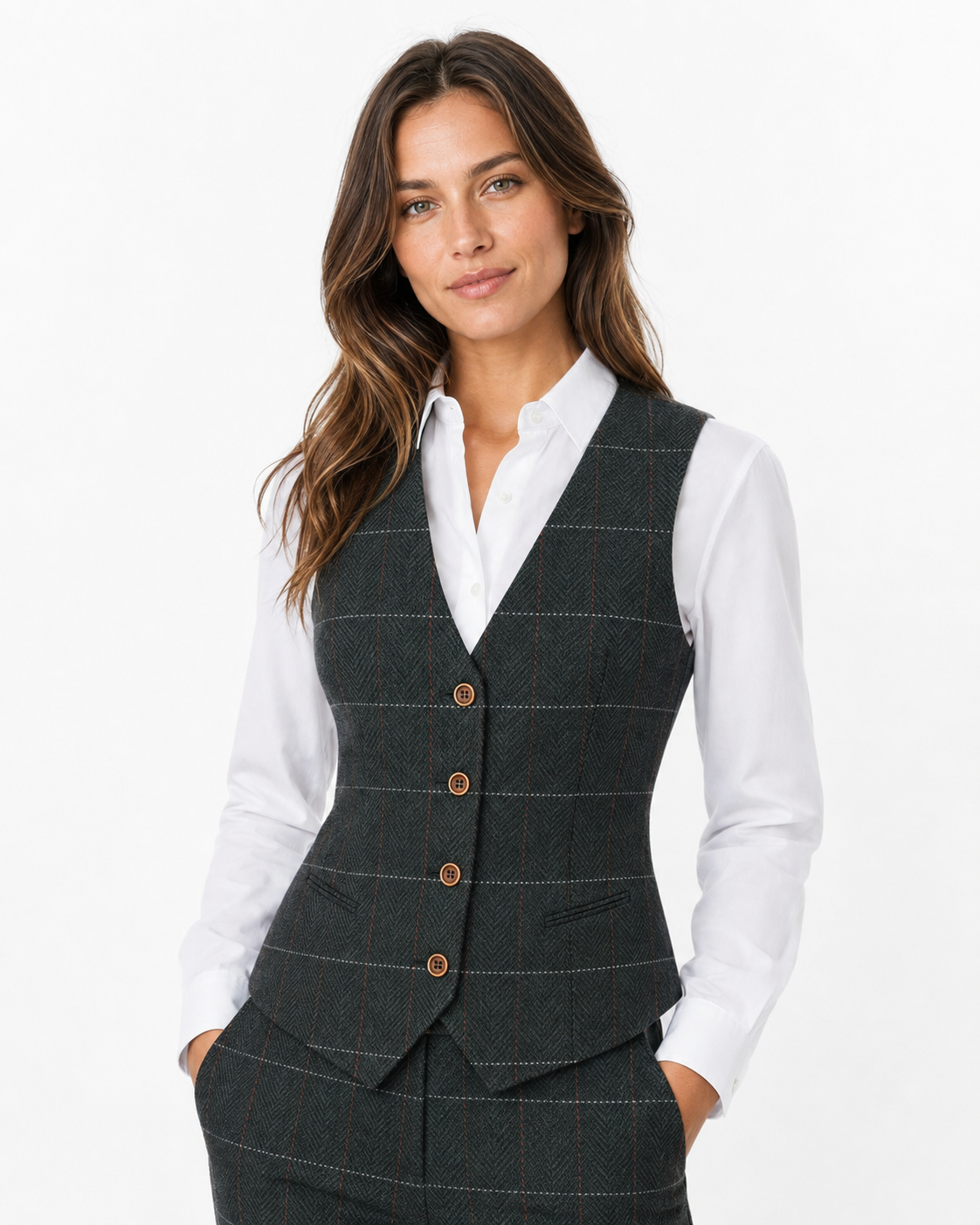 Women’s Dark Green Herringbone Tweed with Overcheck Waistcoat