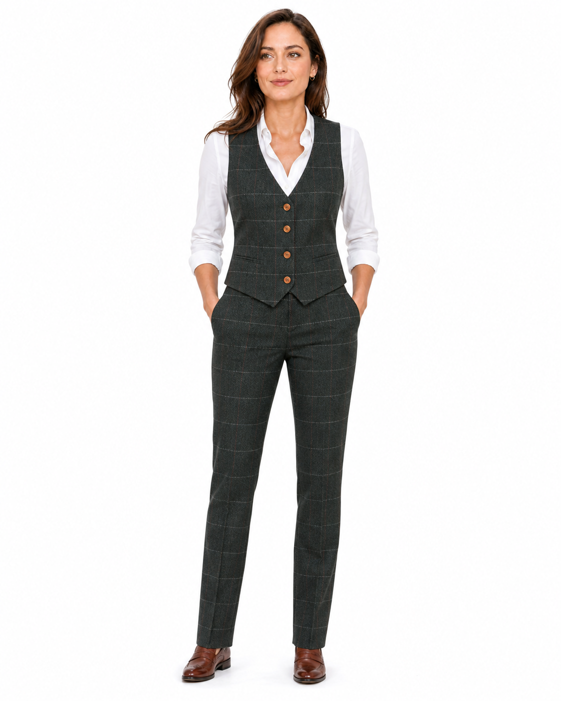 Women’s Dark Green Herringbone Tweed with Overcheck Waistcoat - Image 2