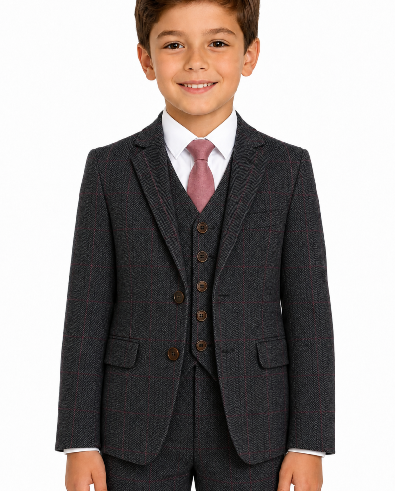 Boys’ Dark Grey Herringbone Tweed with Overcheck Jacket