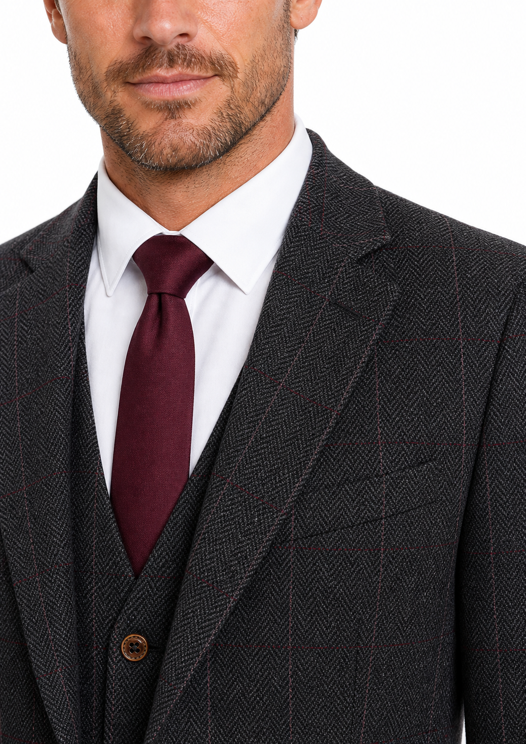 Men’s Made-to-Measure Dark Grey Herringbone Tweed with Overcheck Three-Piece Suit - Image 2