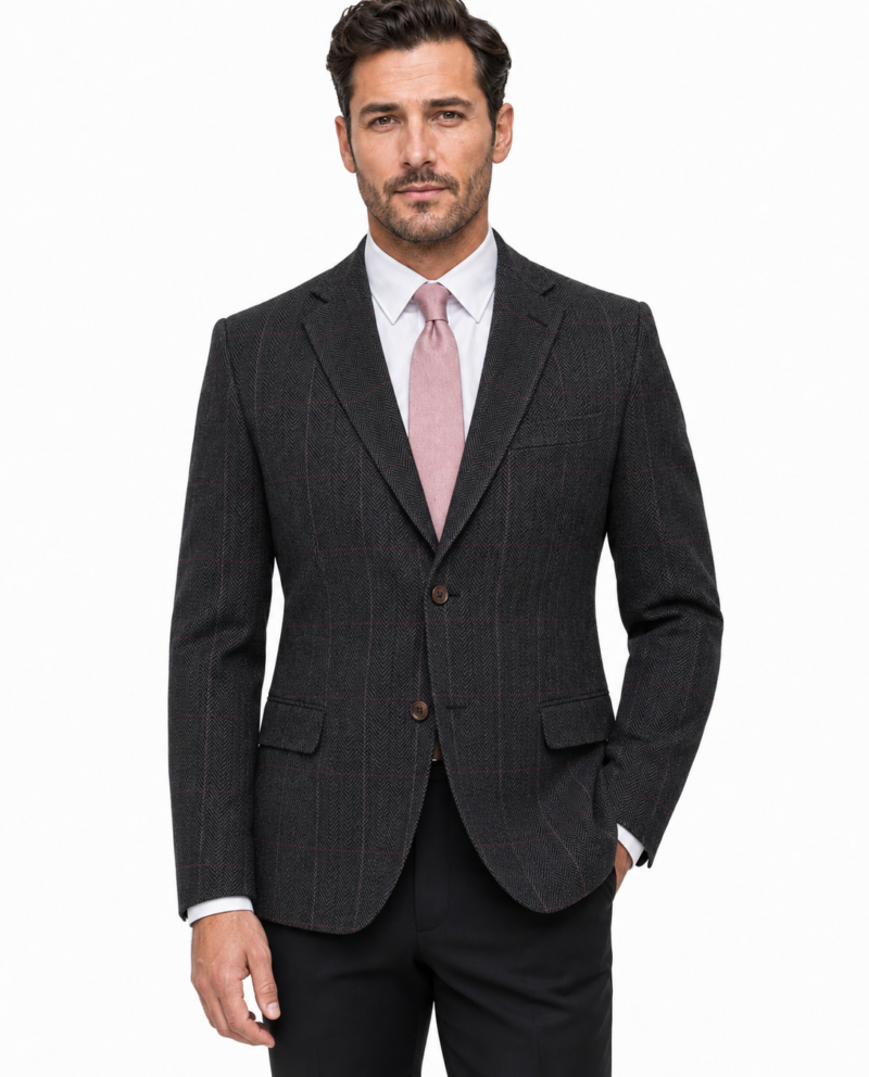 Men’s Dark Grey Herringbone Tweed with Overcheck Single-Breasted Jacket
