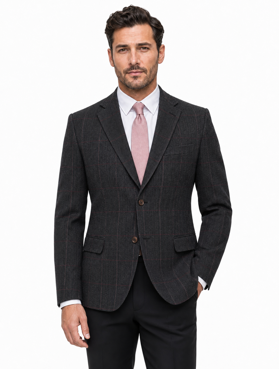 Men’s Made-to-Measure Dark Grey Herringbone Tweed with Overcheck Three-Piece Suit - Image 3