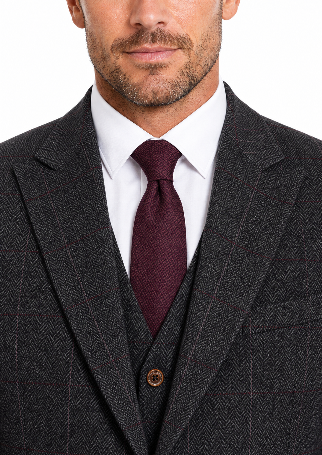 Men’s Made-to-Measure Dark Grey Herringbone Tweed with Overcheck Three-Piece Suit - Image 4