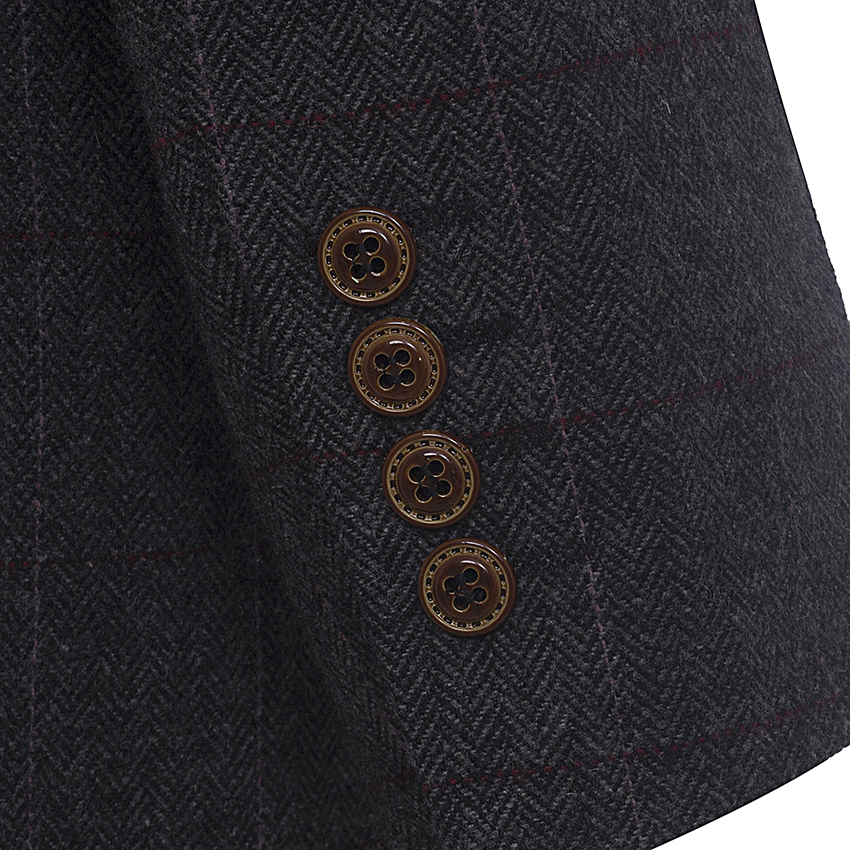Men’s Made-to-Measure Dark Grey Herringbone Tweed with Overcheck Three-Piece Suit - Image 5