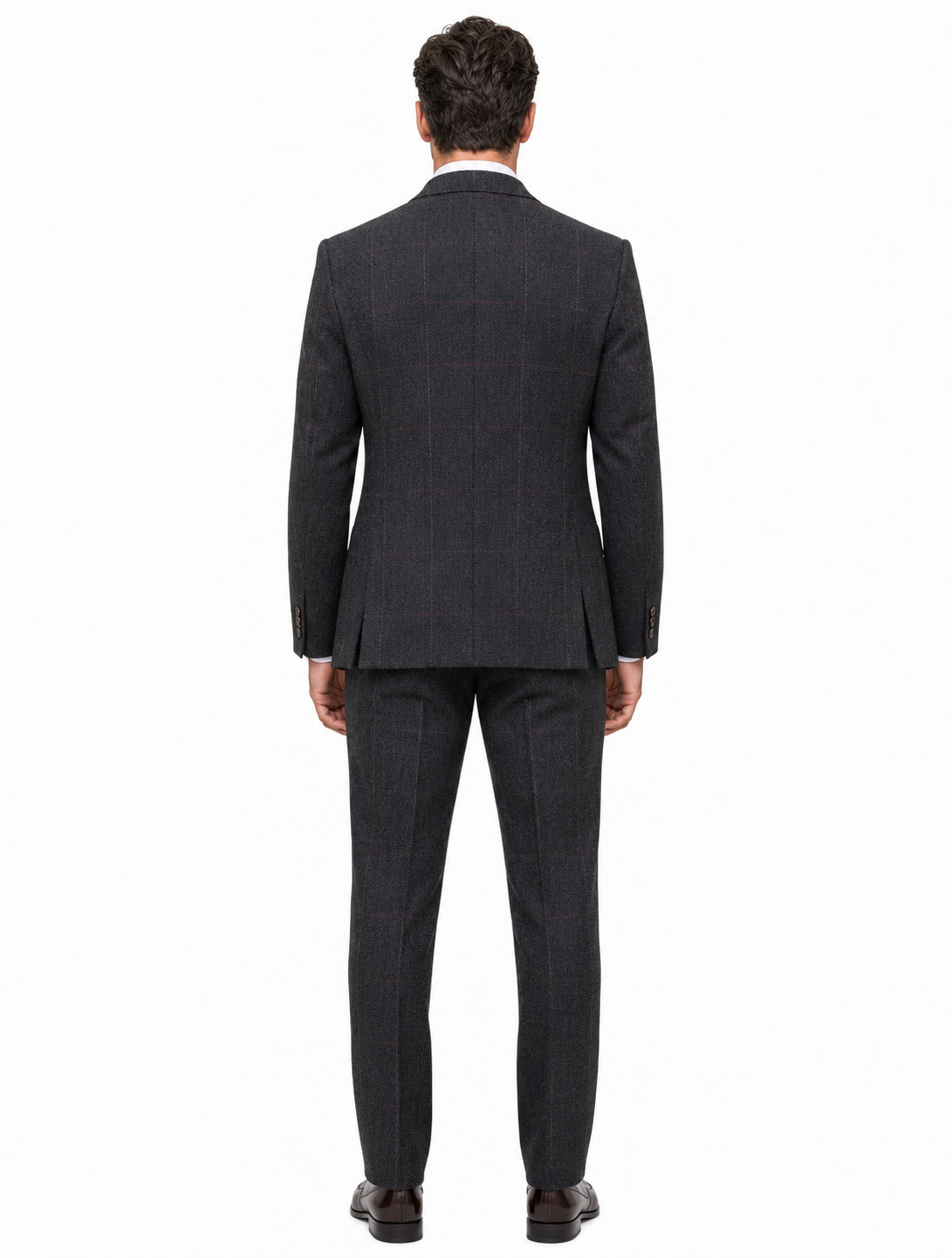 Men’s Made-to-Measure Dark Grey Herringbone Tweed with Overcheck Three-Piece Suit - Image 6