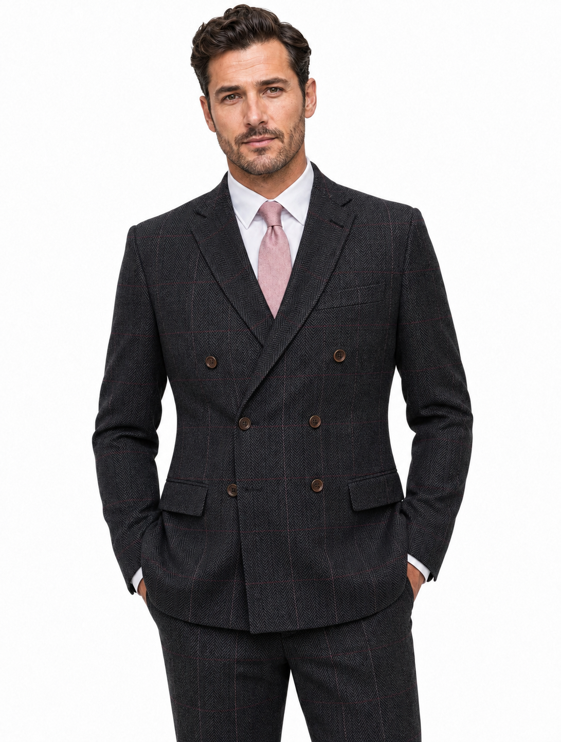 Men’s Made-to-Measure Dark Grey Herringbone Tweed with Overcheck Three-Piece Suit - Image 7