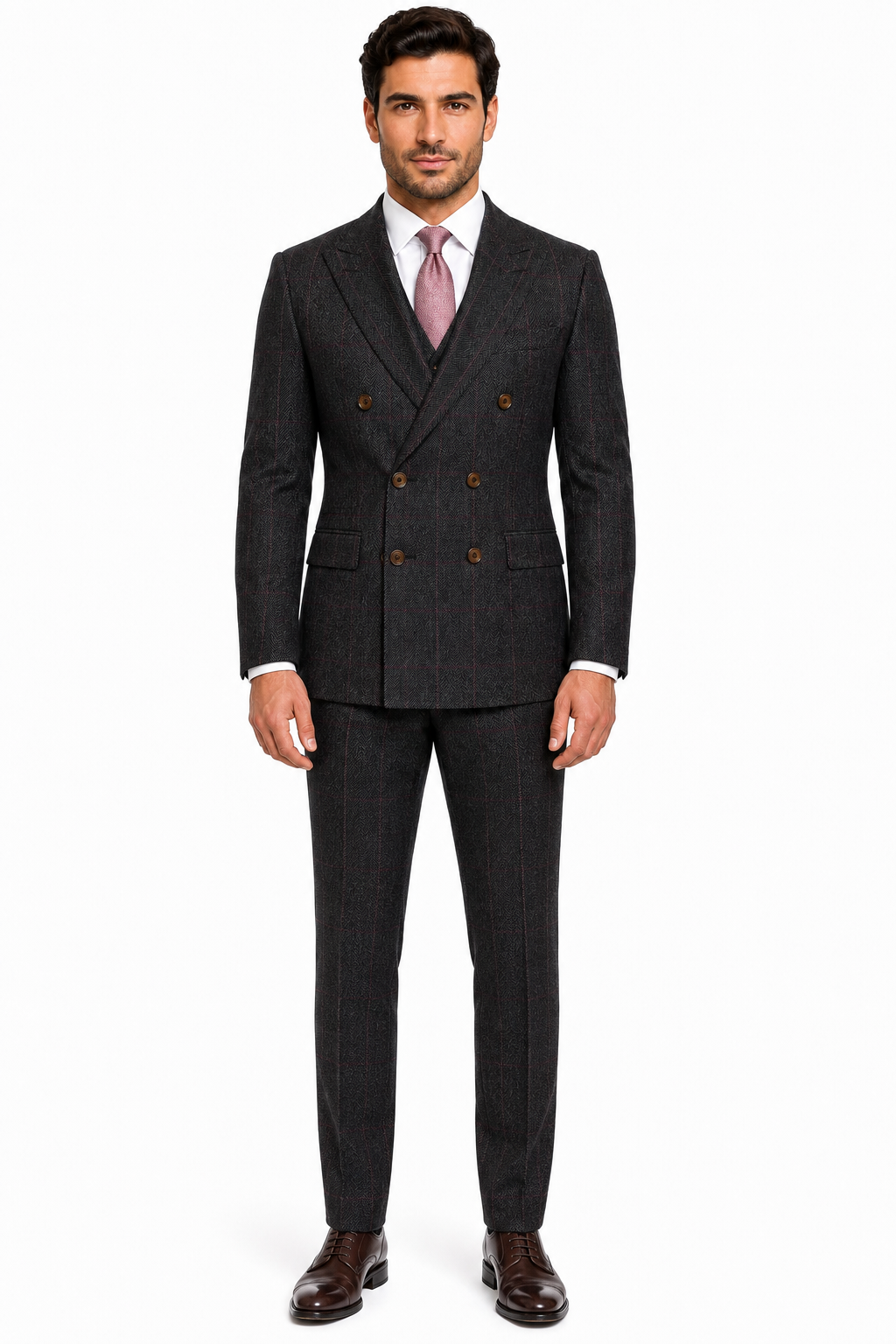 Men’s Made-to-Measure Dark Grey Herringbone Tweed with Overcheck Three-Piece Suit - Image 8
