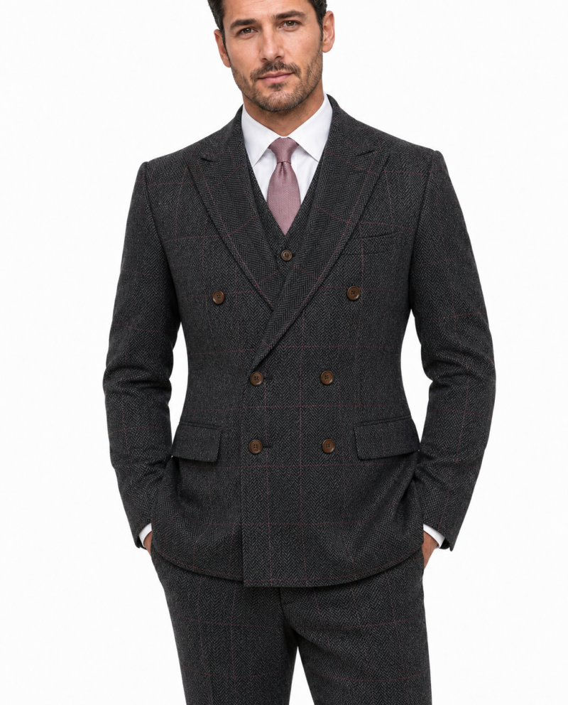 Men’s Dark Grey Herringbone Tweed with Overcheck Double-Breasted Three-Piece Suit