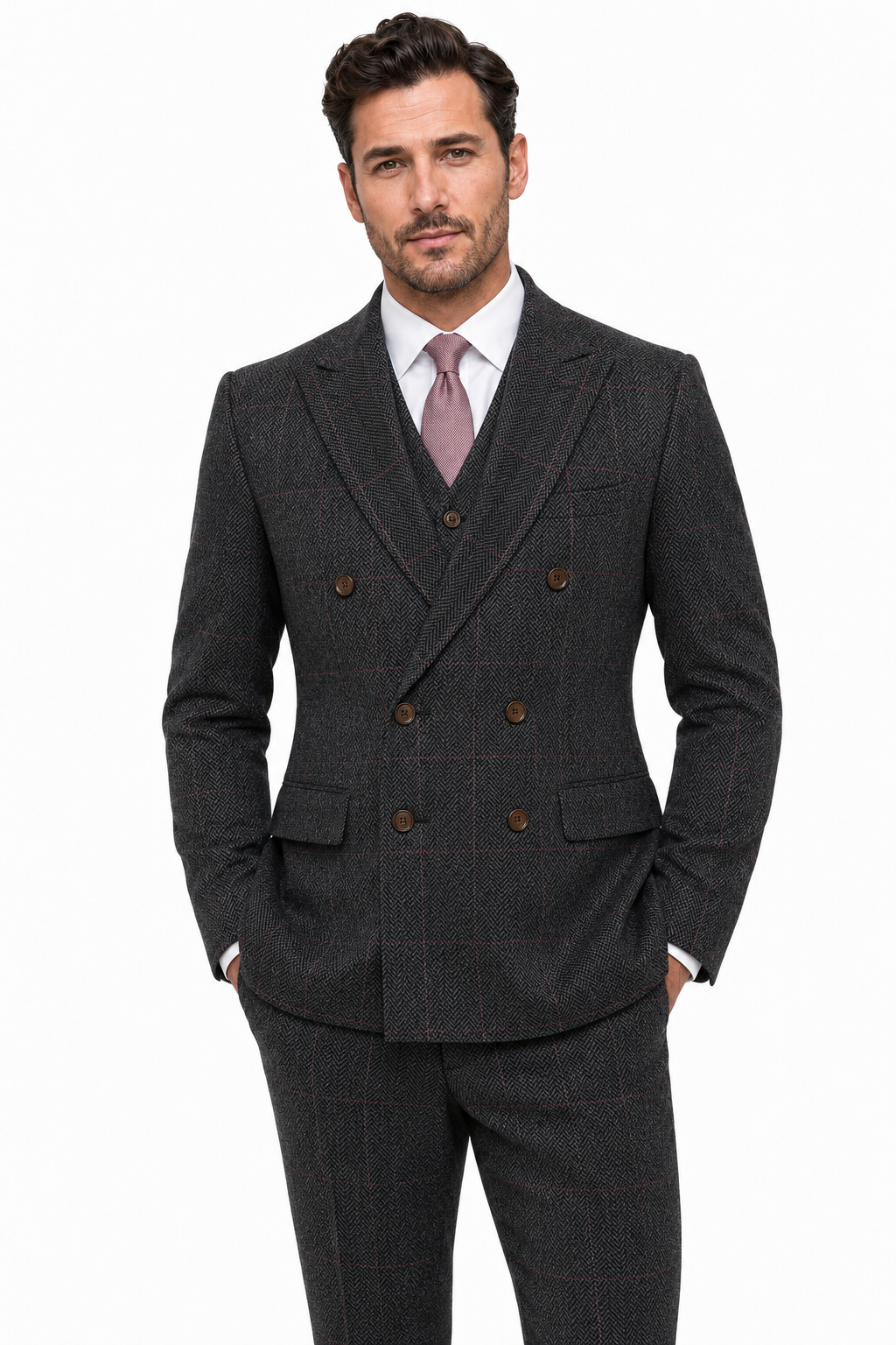 Men’s Made-to-Measure Dark Grey Herringbone Tweed with Overcheck Three-Piece Suit - Image 9