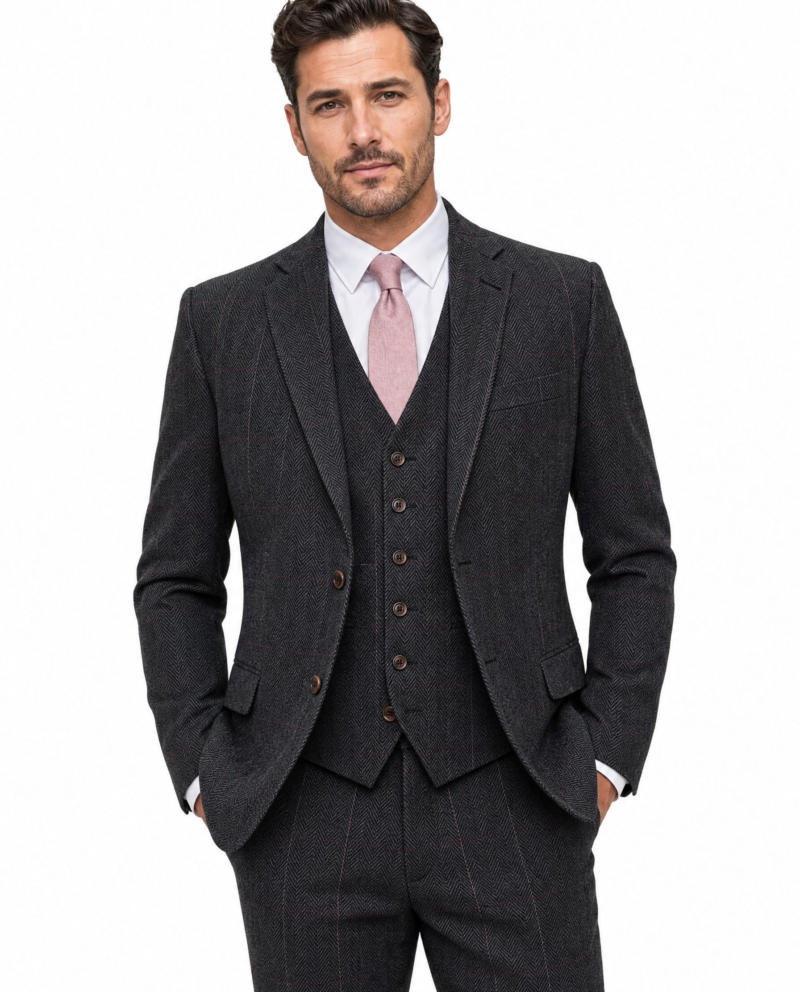 Men’s Made-to-Measure Dark Grey Herringbone Tweed with Overcheck Three-Piece Suit