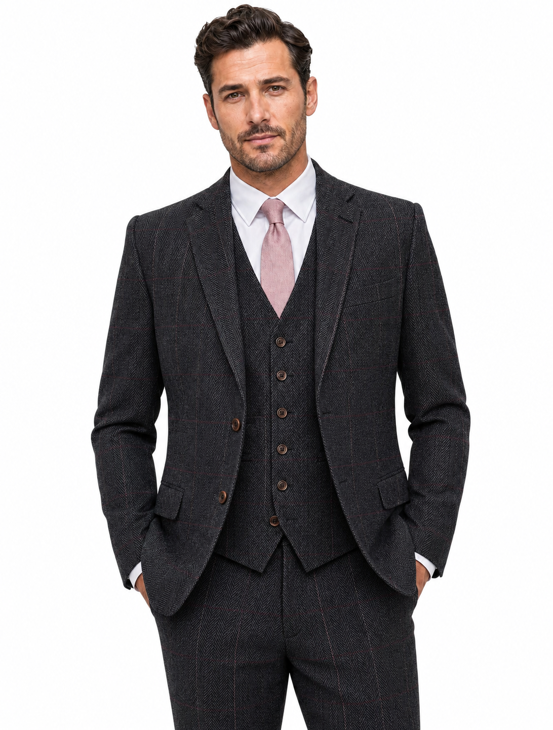 Men’s Made-to-Measure Dark Grey Herringbone Tweed with Overcheck Three-Piece Suit - Image 11