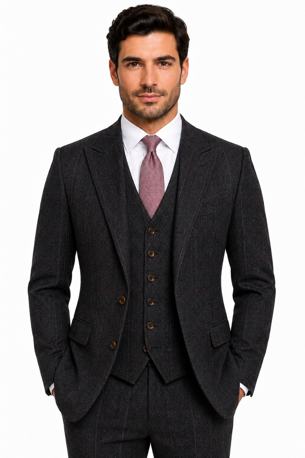 Men’s Made-to-Measure Dark Grey Herringbone Tweed with Overcheck Three-Piece Suit - Image 12