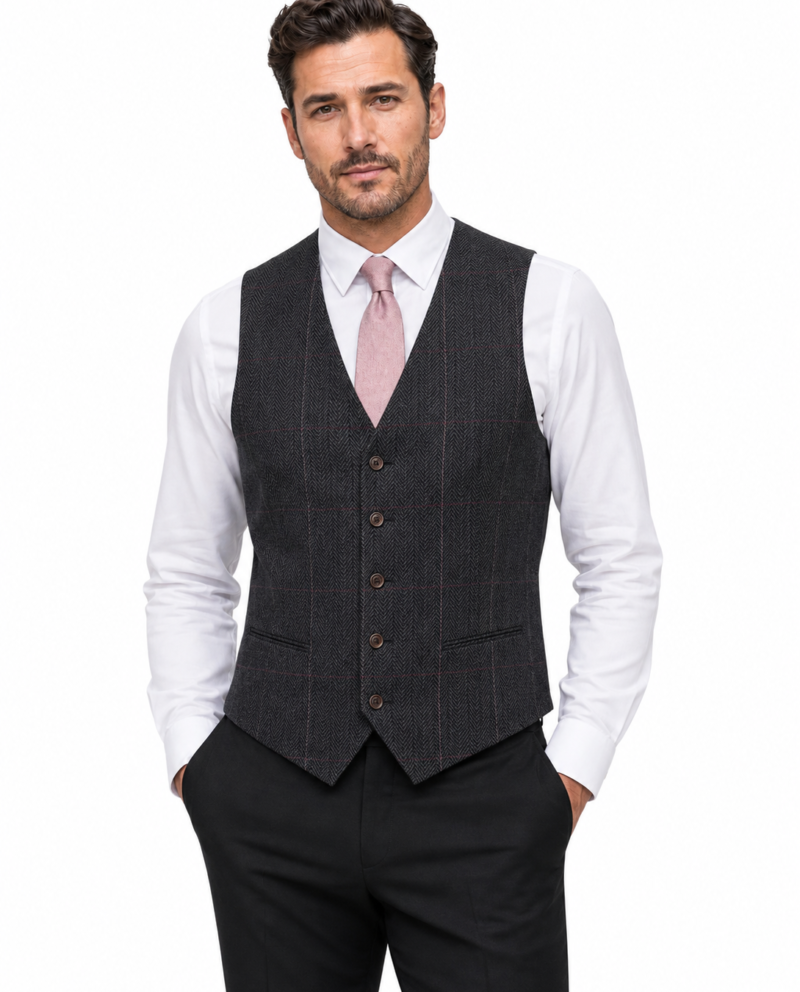 Men’s Dark Grey Herringbone Tweed with Overcheck Waistcoat